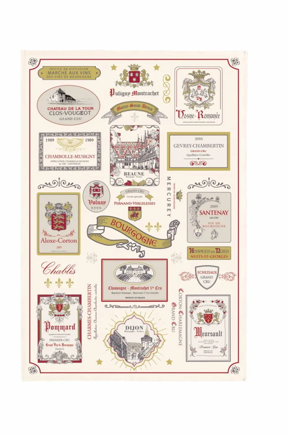 Maison Vivaraise Kjøkkenhåndkle Etiquettes Bourgogne 48x72