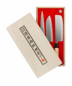 Satake Knivsett Satake Houcho med nakiri, sashimi & santoku i eske av balsatre